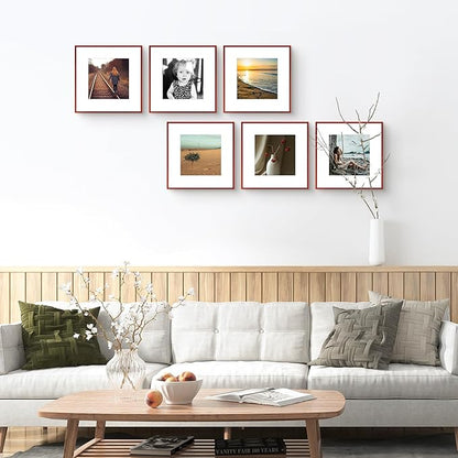 Golden State Art 12x12 Picture Frame 6 Pack - Dark Red Aluminum Photo Frames With 8x8 Mats and Real Glass Cover - Elegant Minimalist Wall Gallery Frames for Home or Office Decor