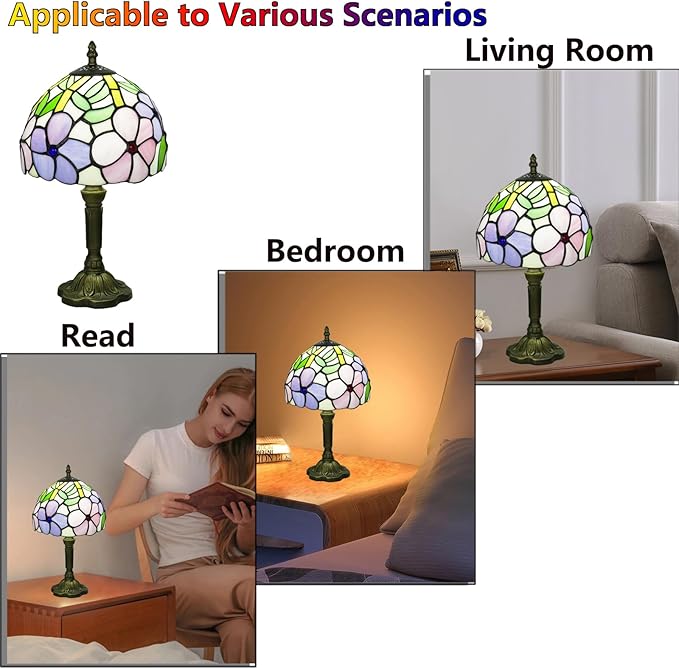 Tiffany Style Table Lamp, 3 Color Temperatures Bedside Lamp, 8 Inch Stained Glass Desk Light for Home Office Bedroom Living Room (4 Flower Pattern)