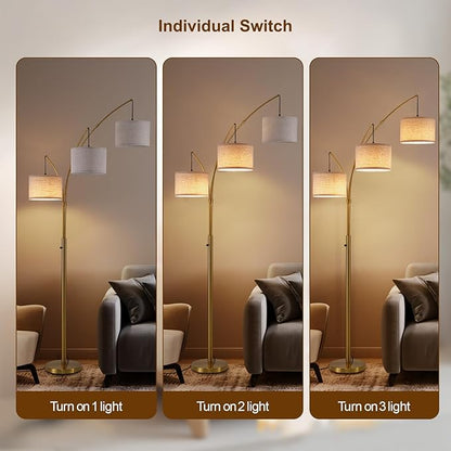 Gold Floor Lamps for Living Room, Super Bright Arc Floor Lamp with Remote Control, 3 Light Tall Floor Lamps with Stepless Dimmable, 80" Mid Century Tree Floor Lamp for Bedroom, Office