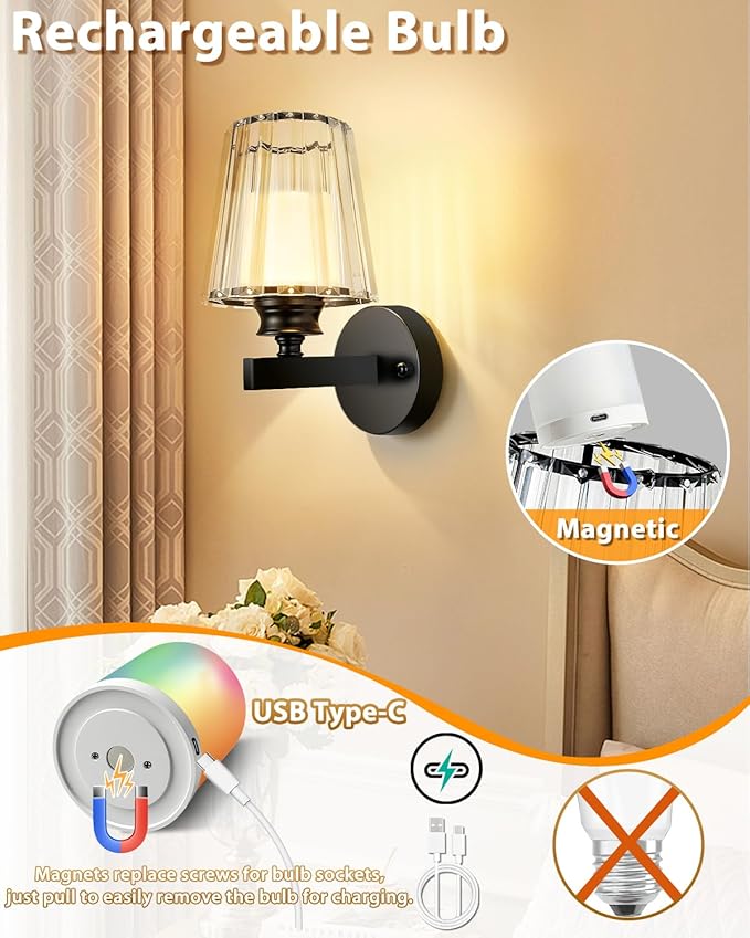 Adetu Crystal Wall Sconces Set of Two, Battery Operated Wall Sconce with 10000mAh Dimmable Magnetic Bulbs and Remote, RGB Rechargeable Wall Lights for Bedroom Living Room Hallway Decor