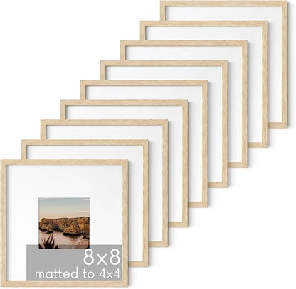 HAUS AND HUES Beige Oak Wood 8x8 Picture Frames - Set of 9, Square Frames with Mat, Minimalist Frames for Photos (8x8 in, Beige, Set of 9)