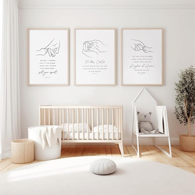 Joocrise Nursery Scripture Wall Art Set of 3 Nursery Bible Verse Wall Decor Baby Christian Canvas Art Christian Artwork Bible Verse Poster for Kids Room 12x16 Inch Unframed