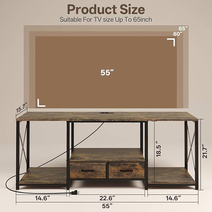 LED TV Stand with 2 Fabric Drawer - 55" Industrial TV Console Table with Open Storage Shelves for Living Room,Bedroom, Entertainment Center TV Stands for 55-65" TV - Black Steel Frame