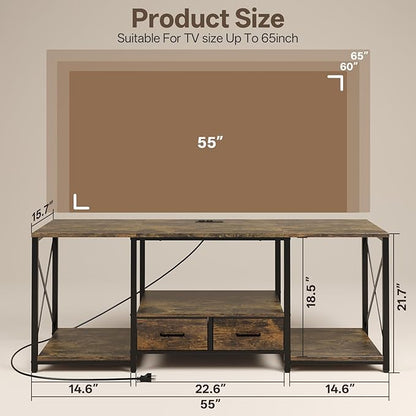 LED TV Stand with 2 Fabric Drawer - 55" Industrial TV Console Table with Open Storage Shelves for Living Room,Bedroom, Entertainment Center TV Stands for 55-65" TV - Black Steel Frame