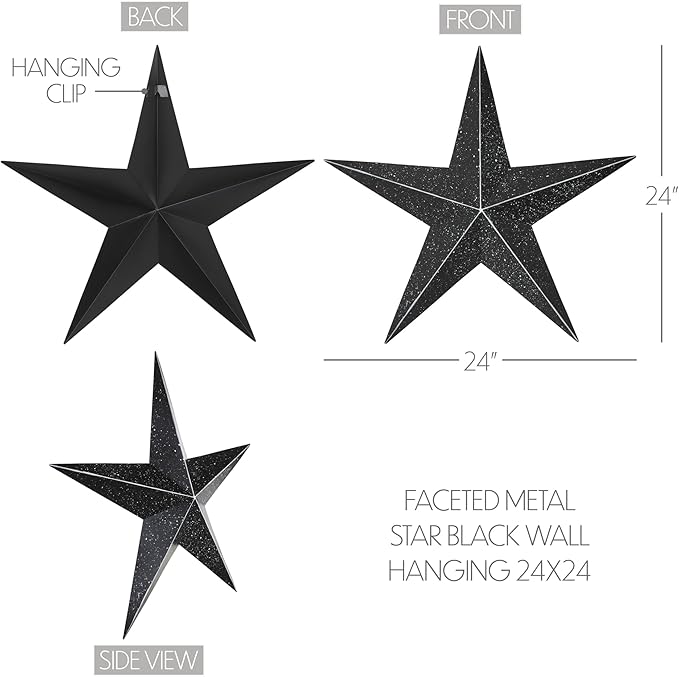 VHC Brands Patriotic Faceted Metal Star Black Wall Hanging 24x24, Independence Day Decor, American Star Design, Distressed Appearance Metal Wall Hanging, Star Shape, Country, Charcoal Black