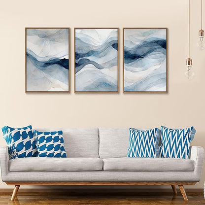 myusuar 3 Piece Large Abstract Framed Wall Art For Living Room, Smoke Texture Ink Navy Blue Canvas Wall Art Modern Minimalist Art Prints Wall Décor For Bedroom Office 16x24in