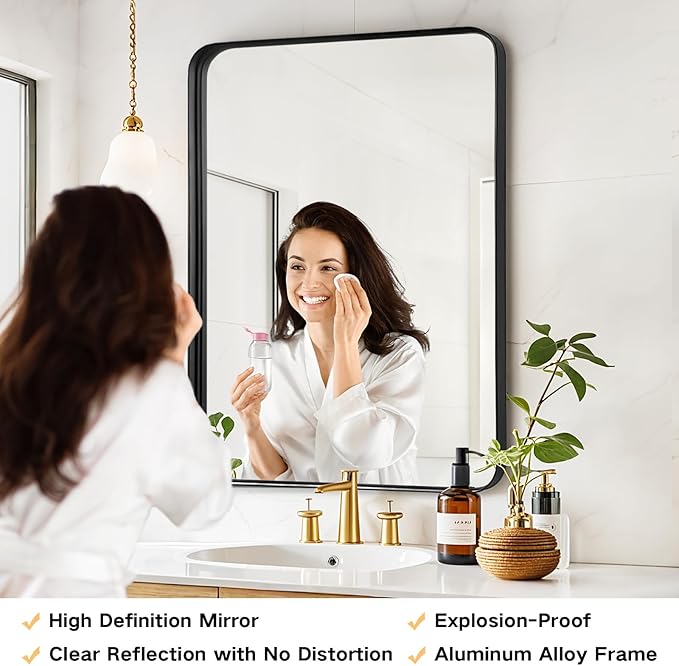 Black Metal Framed Bathroom Mirror - 30x36 Inch Black Round Corner Bathroom Mirror for Over Sink, Matte Rectangle Vanity Mirror for Restroom, Entryway, Hanging Vertically or Horizontally
