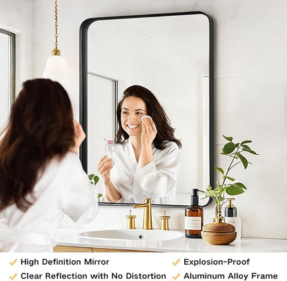Black Metal Framed Bathroom Mirror - 30x36 Inch Black Round Corner Bathroom Mirror for Over Sink, Matte Rectangle Vanity Mirror for Restroom, Entryway, Hanging Vertically or Horizontally