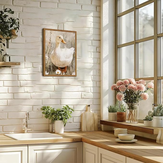 Framed Vintage Duck Canvas Wall Art, Cute Farmhouse Animal Pictures Wall Decor, Rustic Country Nature Paintings Prints Cottagecore Home Decor for Living Room Bedroom Bathroom 12x16 inch