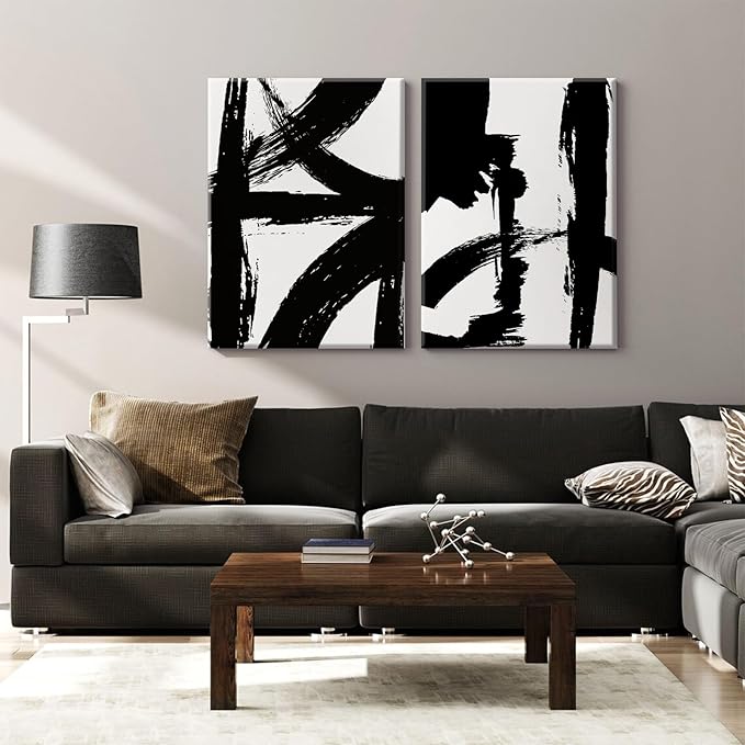 Black and White Wall Art Abstract Modern Painting Minimalist Line Canvas Wall Art Decor Black And White Poster Abstract Artwork Prints for Living Room Bedroom 16x24 Inch Wrapped Canvas Set of 2