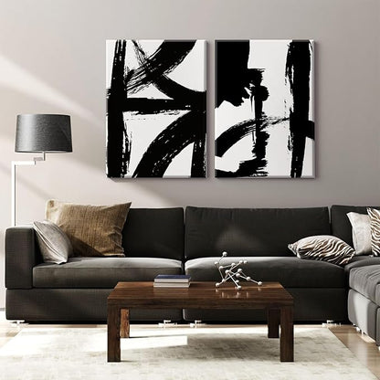 Black and White Wall Art Abstract Modern Painting Minimalist Line Canvas Wall Art Decor Black And White Poster Abstract Artwork Prints for Living Room Bedroom 16x24 Inch Wrapped Canvas Set of 2