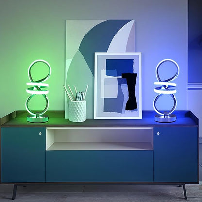 EIDISUNY RGB Spiral Table Lamp, Modern LED Table Lamp, Chrome Cool Bedside Lamps, 7 Colors & 10 Light Modes Touch Dimmable LED Nightstand Lamp with USB/Type C for Bedroom, Living Room,Silver