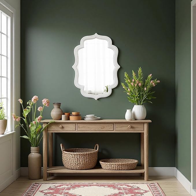 Vintage Oval Wall Mirror 22 X 30 Inch, Hanging Distressed White Scalloped Rustic Wood Wall Mirrors for Bathroom Bedroom Living Room, Farmhouse Entryway Mirror, Horizontal or Vertical