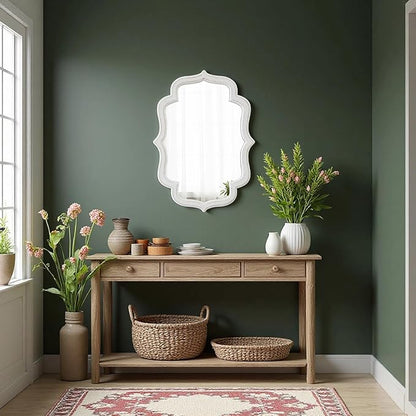 Vintage Oval Wall Mirror 22 X 30 Inch, Hanging Distressed White Scalloped Rustic Wood Wall Mirrors for Bathroom Bedroom Living Room, Farmhouse Entryway Mirror, Horizontal or Vertical
