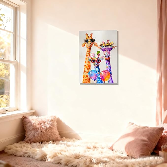 12x16 Graffiti Giraffe Family Canvas Wall Art, Colorful Framed Animal Prints with Sunglasses & Balloon, Funny Lovely Artwork for Kids, Teen Boys Girls, Nursery Bedroom & Living Room Home Decor