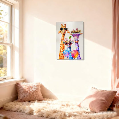 12x16 Graffiti Giraffe Family Canvas Wall Art, Colorful Framed Animal Prints with Sunglasses & Balloon, Funny Lovely Artwork for Kids, Teen Boys Girls, Nursery Bedroom & Living Room Home Decor