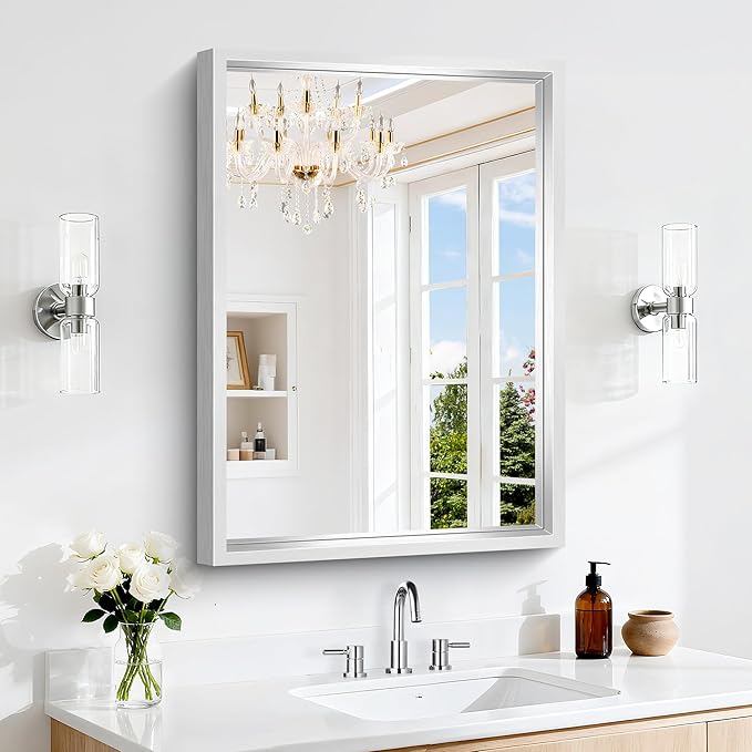 30x22 Silver Bathroom Mirror, Brushed Silver Rectangular Mirror for Wall, 0.6" Thickened Deep Frame Mirrors for Bathroom Sink, Shatterproof Tempered Glass, Antirust, Horizontally or Vertically