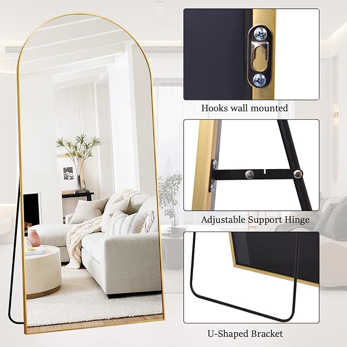 Rowjut Floor Full Length Mirror, Arched Mirrors Full Length 76"x34" Freestanding Large/with Aluminum Frame & Wall Mounted & Hanging or Leaning & Full Body Mirror for Bedroom, (Gold)