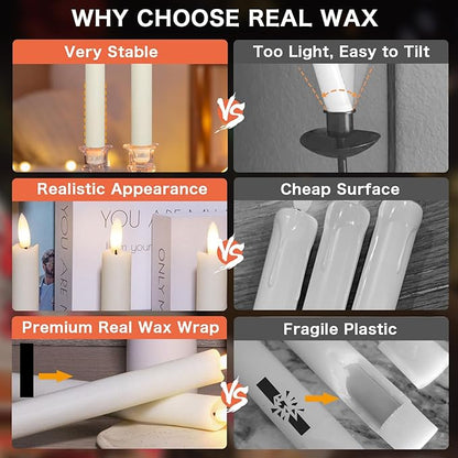 2 PCS Upgraded Real Wax LED Flameless Taper Candles with Remote, KSWING White Candlesticks Battery Operated 3D Flickering - 9.6” Long Realistic Fake Candle Sticks for Home/Wedding/Fireplace Xmas Decor