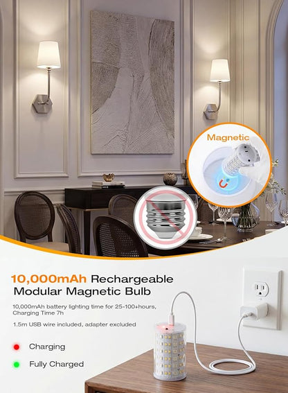 CLOUDY BAY 10000mAh Battery Operated Wall Sconces,Up to 100 Hours with Rechargeable RGB Dimmable Magnetic Bulb,Cordless Wall Lighting Fixtures with Remote for Bedroom,Brushed Nickel,2 Pack-17.9inch