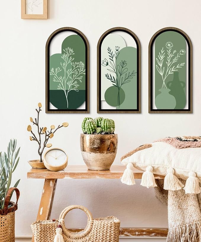 Putuo Decor Boho Botanical Wall Art Set of 3, Abstract Floral Artwork with Vase and Green Tones, Mid Century Modern MDF Wooden Wall Decor for Living Room Bedroom Office, Arch Design 16x8in