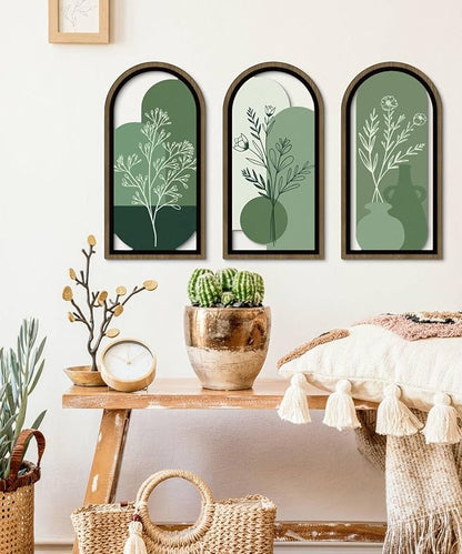 Putuo Decor Boho Botanical Wall Art Set of 3, Abstract Floral Artwork with Vase and Green Tones, Mid Century Modern MDF Wooden Wall Decor for Living Room Bedroom Office, Arch Design 16x8in