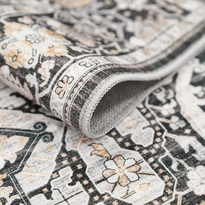 7x7 Area Rug Washable Living Room Rugs: 7ft Square Ultra Thin Soft Oriental Area Rugs Non-Slip Backing Farmhouse Rug Low Pile Thin Stain Resistant Indoor Carpets, 7' x 7' Black