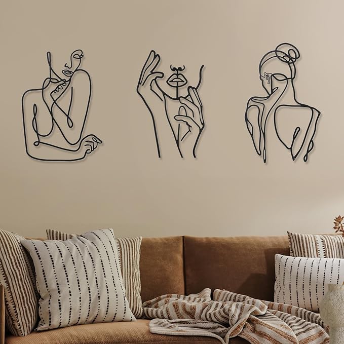 Photect 3 Pcs Metal Wall Art Decor Minimalist Abstract Woman Wall Art Metal Modern Line Drawing Decor Female Single Line Home Hanging for Bedroom Bathroom Living Room Housewarming(Cute,Black)