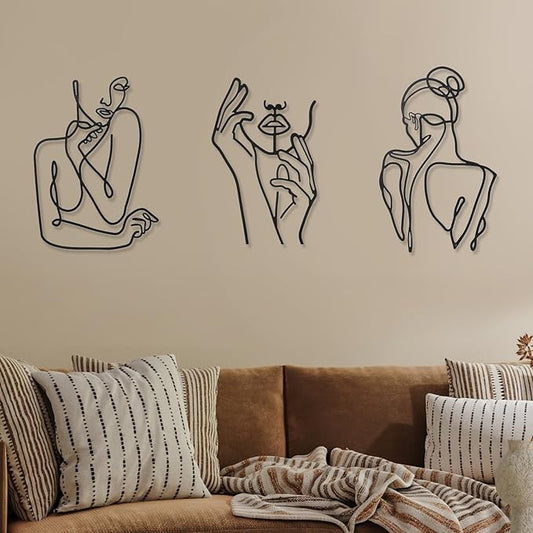 Photect 3 Pcs Metal Wall Art Decor Minimalist Abstract Woman Wall Art Metal Modern Line Drawing Decor Female Single Line Home Hanging for Bedroom Bathroom Living Room Housewarming(Cute,Black)