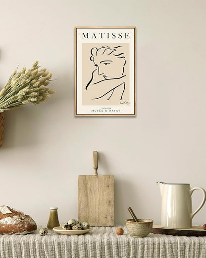 Zzuyi Henri Matisse Framed Wall Art,Black Beige Women Face Line Art,Boho Abstract Art Wall Decor,Matisse Posters for Aesthetic Room Decor-16''x24'' Natural Framed