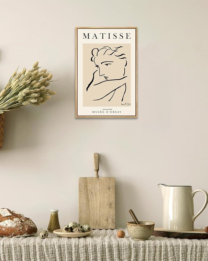 Zzuyi Henri Matisse Framed Wall Art,Black Beige Women Face Line Art,Boho Abstract Art Wall Decor,Matisse Posters for Aesthetic Room Decor-12''x16'' Natural Framed