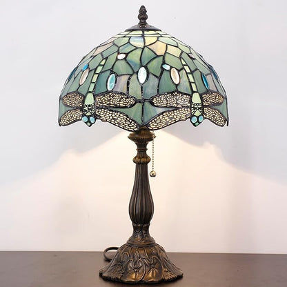 Tiffany Table Lamp Stained Glass Lamp 12X12X19 Inch Antique Reading Light (Sea Blue Dragonfly Style)