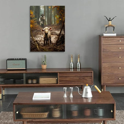 Jesus and Lamb Canvas Wall Art Jesus Running After Lost Sheep Wall Decor Christian Baptism gifts Lamb of God Painting Poster Print Artwork for Living Room Bedroom Church Decor 16X24 in canvas