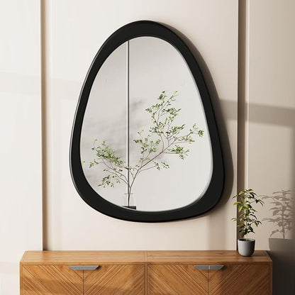 34"x 26" Irregular Wall Mirror, Black Frame Wood Asymmetrical Decorative Wall Wooden Mirror for Living Room Bedroom Entryway Bathroom Home Decor