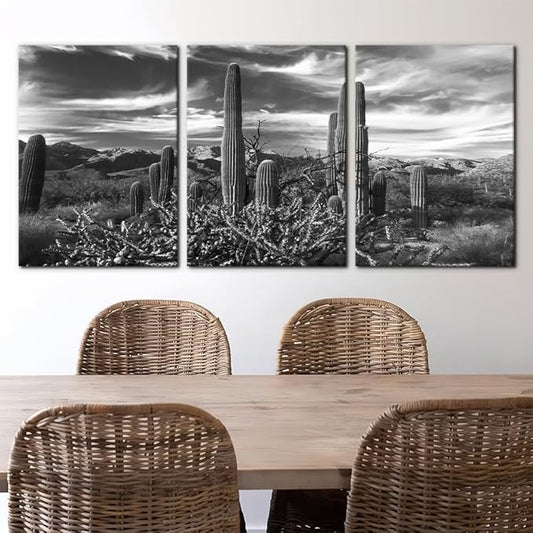 Pacimo 3 Pieces Black and White Canvas Wall Art Sunset Landscape of National Park Arizona Sonoran Desert Cactus Pictures Painting Prints on Canvas Modern Artwork for Home Office Decor - 20"x28"x3