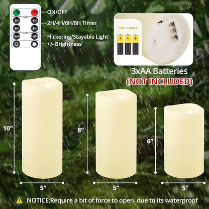 NURADA Large Outdoor Flameless Candles 6" 8" 10" x 5" - Waterproof LED Pillar Flickering Candle Battery Operated with Timer Remote for Patio Porch Lanterns - Ivory White Set of 3
