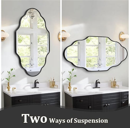Scalloped Mirror for Bathroom - 24"x36" Black Bathroom Mirror with Aviation Aluminum Alloy Frame & Shatter-Proof Glass for Living Room Bedroom Entryway, Brushed Black Frame(x1)