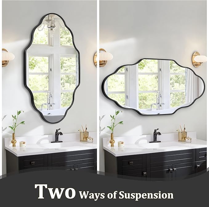 Scalloped Mirror for Bathroom - 26"x46" Black Bathroom Mirror with Aviation Aluminum Alloy Frame & Shatter-Proof Glass for Living Room Bedroom Entryway, Brushed Black Frame(x1)