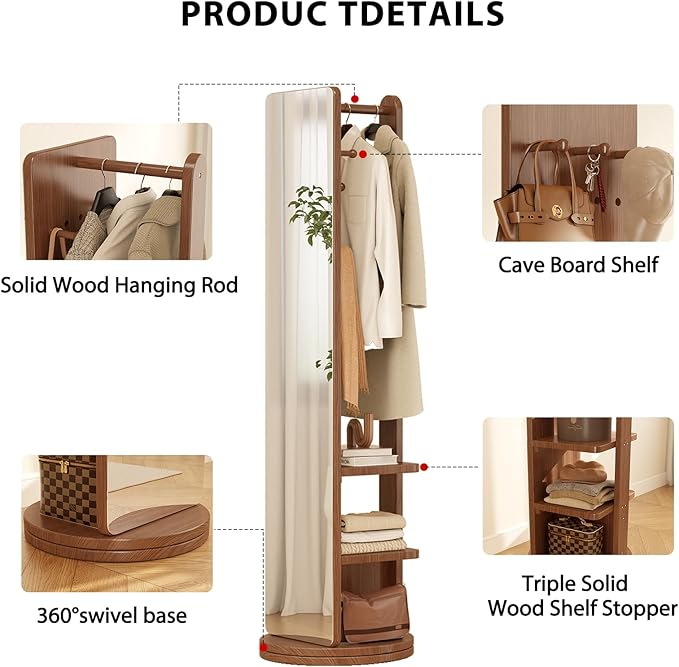 WoodsWhisper Full Length Mirror Coat Rack Solid Wood Floor Mirror 66"x12" Full Length Mirror with Stand Long Mirrors for Bedroom,Living Room (Walnut Brown, 70" L x 16" W)