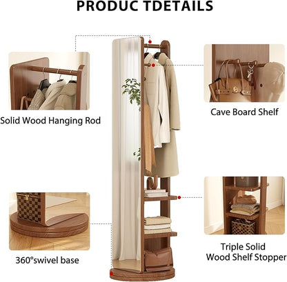 WoodsWhisper Full Length Mirror Coat Rack Solid Wood Floor Mirror 66"x12" Full Length Mirror with Stand Long Mirrors for Bedroom,Living Room (Walnut Brown, 70" L x 16" W)