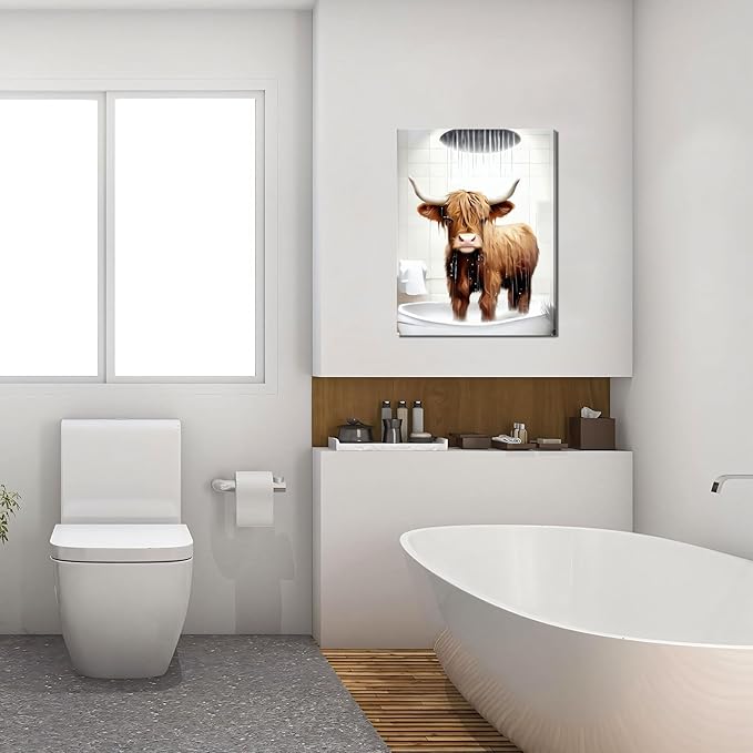 Funny Bathroom Highland Cow Wall Art, Brown Cute Cow Animal Canvas Posters Prints Set of 3, Vintage Rustic Farmhouse Home Pictures Wall Decor Painting for Bathroom Restroom Framed 16x24Inch