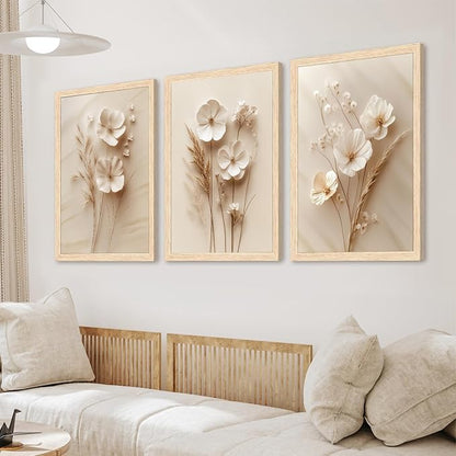 GELDSTEI Neutral Simple Beige Floral Canvas Wall Art, Modern Minimalist Botanical Wall Decor, Vintage Beige Flower Poster Prints for Living Room Bedroom Farmhouse Wood Framed Set of 3, Each 16x24 Inch