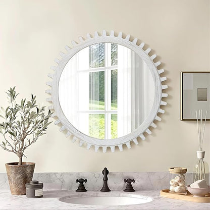ULIKE Round Wood Mirror, 30 Inch Rustic Farmhouse Circle Mirror with Wooden Frame, Modern Wall Decor for Bathroom Nursery Bedroom Living Room Entryway, White
