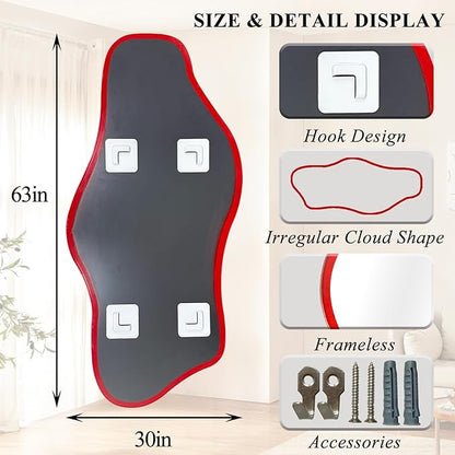 Large Irregular Mirror, 63"x30" Asymmetrical Tempered Glass Wall Mirror, Red Modern Organic Frameless Mirrors for Living Room Bedroom Hallway Entryway, Horizontal or Vertical Hanging