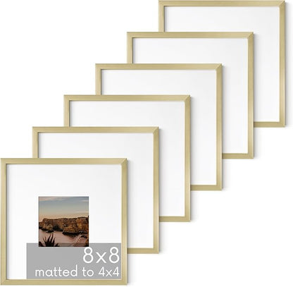 HAUS AND HUES 8x8 Gold Metal Picture Frames Matted to 4x4 - Premium Aluminum with Hanging Hardware, Shatterproof Plexiglass - Ideal for Home or Office (8x8 in, Gold, Set of 6)