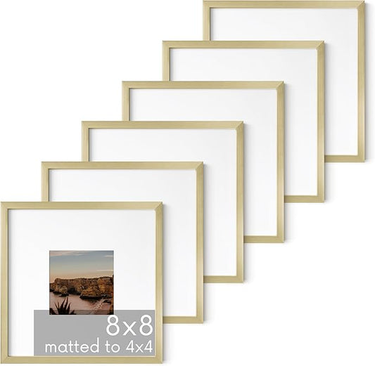 HAUS AND HUES 8x8 Gold Metal Picture Frames Matted to 4x4 - Premium Aluminum with Hanging Hardware, Shatterproof Plexiglass - Ideal for Home or Office (8x8 in, Gold, Set of 6)