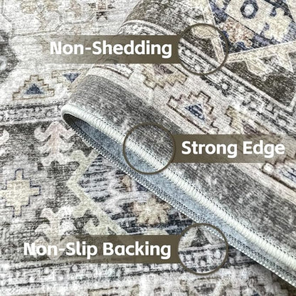 9x12 Area Rugs Grey Brown Washable Rug for Living Room, Dining Room, Bedroom, Large Carpets, Non Slip & Non-Shedding Low Pile Vintage Print Rug for Home Office Decor