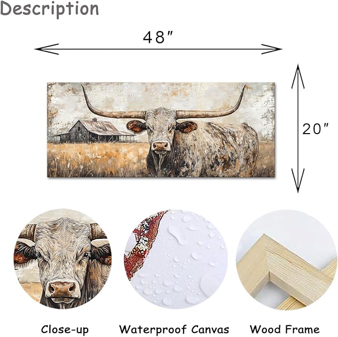 Artmyharbor Rustic Longhorn Bull Canvas Wall Art Large Western Ranch Decor Farmhouse Barn Landscape Picture 20 x 48 inches