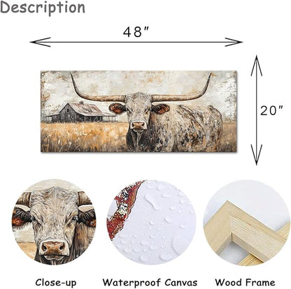 Artmyharbor Rustic Longhorn Bull Canvas Wall Art Large Western Ranch Decor Farmhouse Barn Landscape Picture 20 x 48 inches