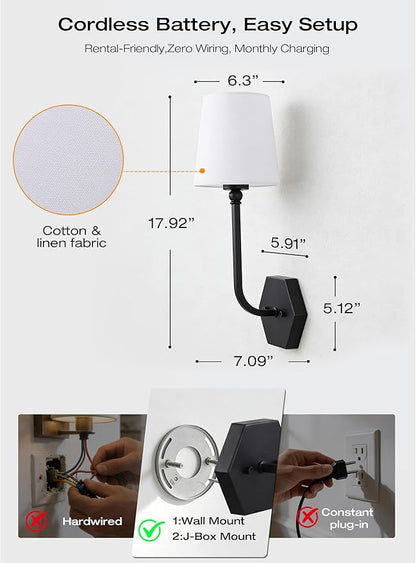 CLOUDY BAY 10000mAh Battery Operated Wall Sconces,Up to 100 Hours with Rechargeable RGB Dimmable Magnetic Bulb,Cordless Wall Lighting Fixtures with Remote for Bedroom,Black,2 Pack-17.9in
